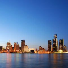 Detroit Michigan across the Detroit River at sunset